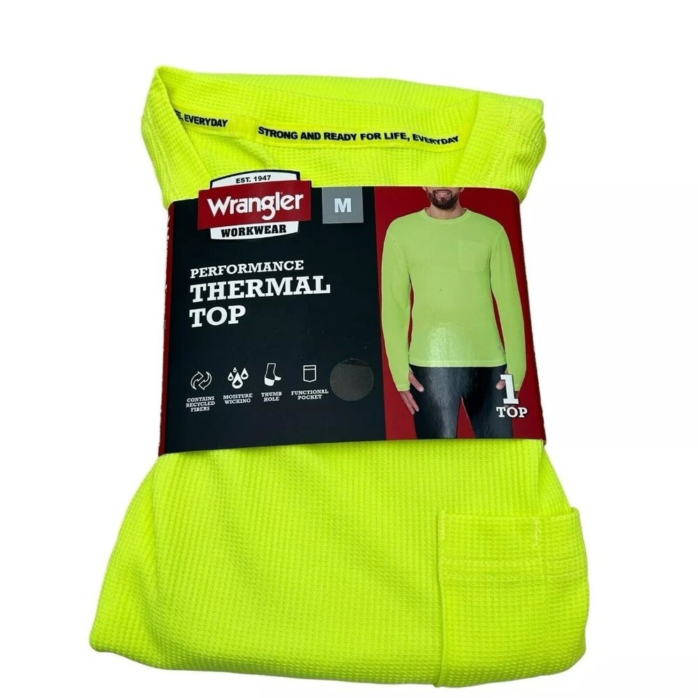 Wrangler Men's Performance Thermal Top Size M Safety Green Thumb Hole‎ Pocket
